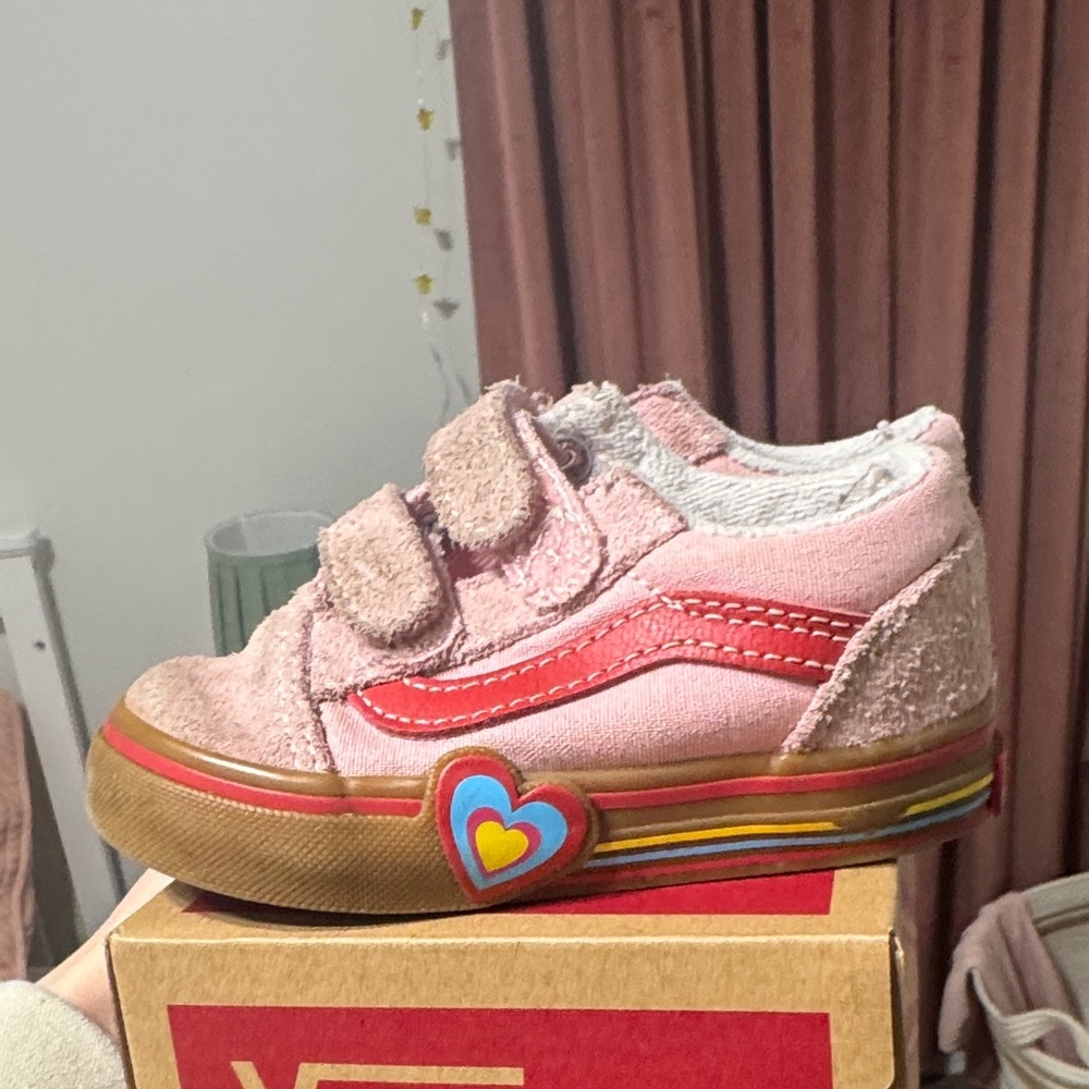 Vans Kids Pink Sneakers with Red and Blue Heart